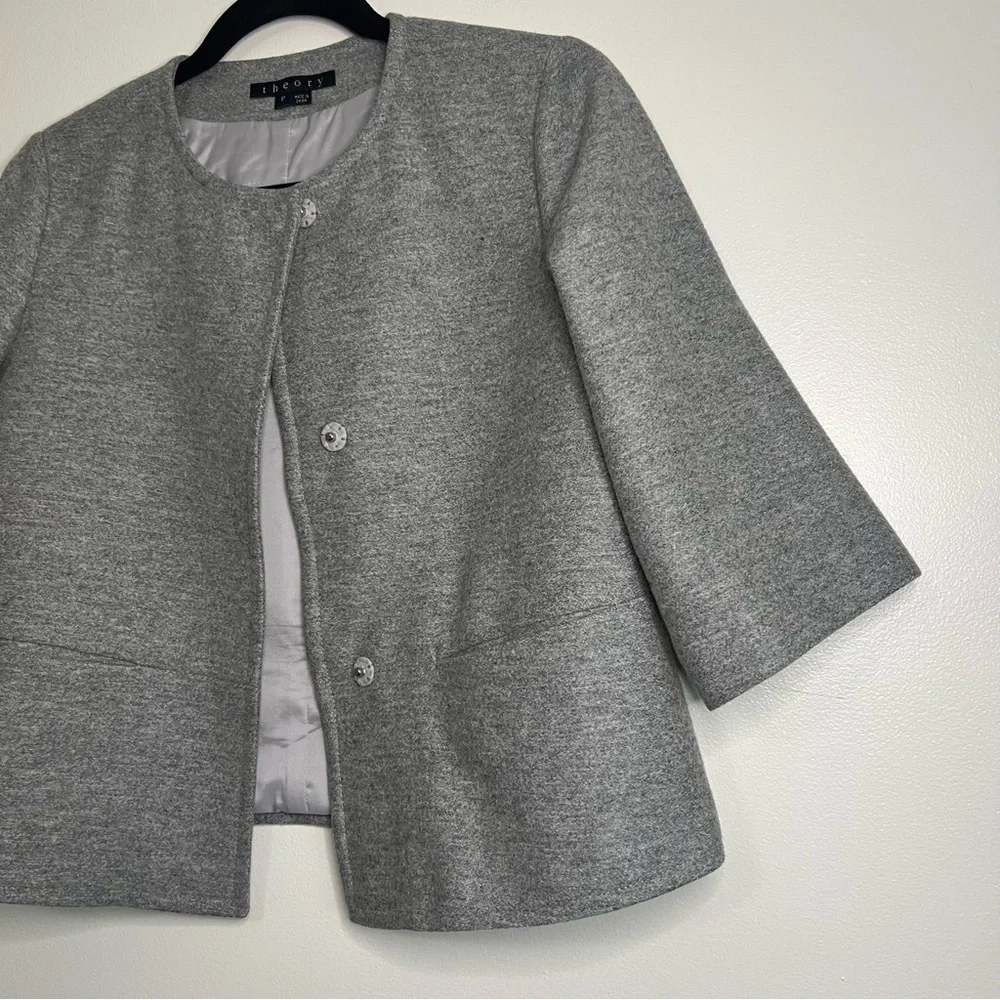 Theory Womens Gray Wool Blend Collarless 3/4 Sleeve Snap Front Jacket‎ Size P